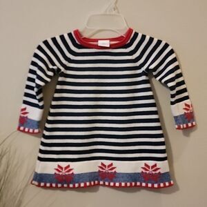HANNA ANDERSSON NAVY AND WHITE STRIPED SNOWFLAKE SWEATER DRESS, SIZE 80 (2T)